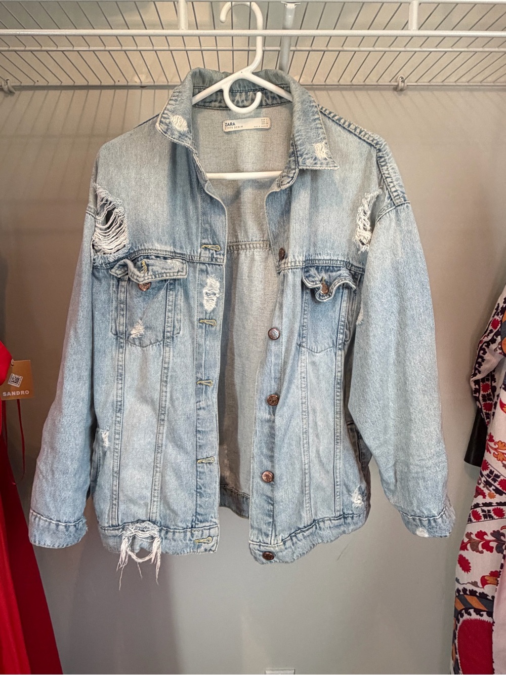 ZARA Light Wash Distressed Denim Jacket - Women, size L